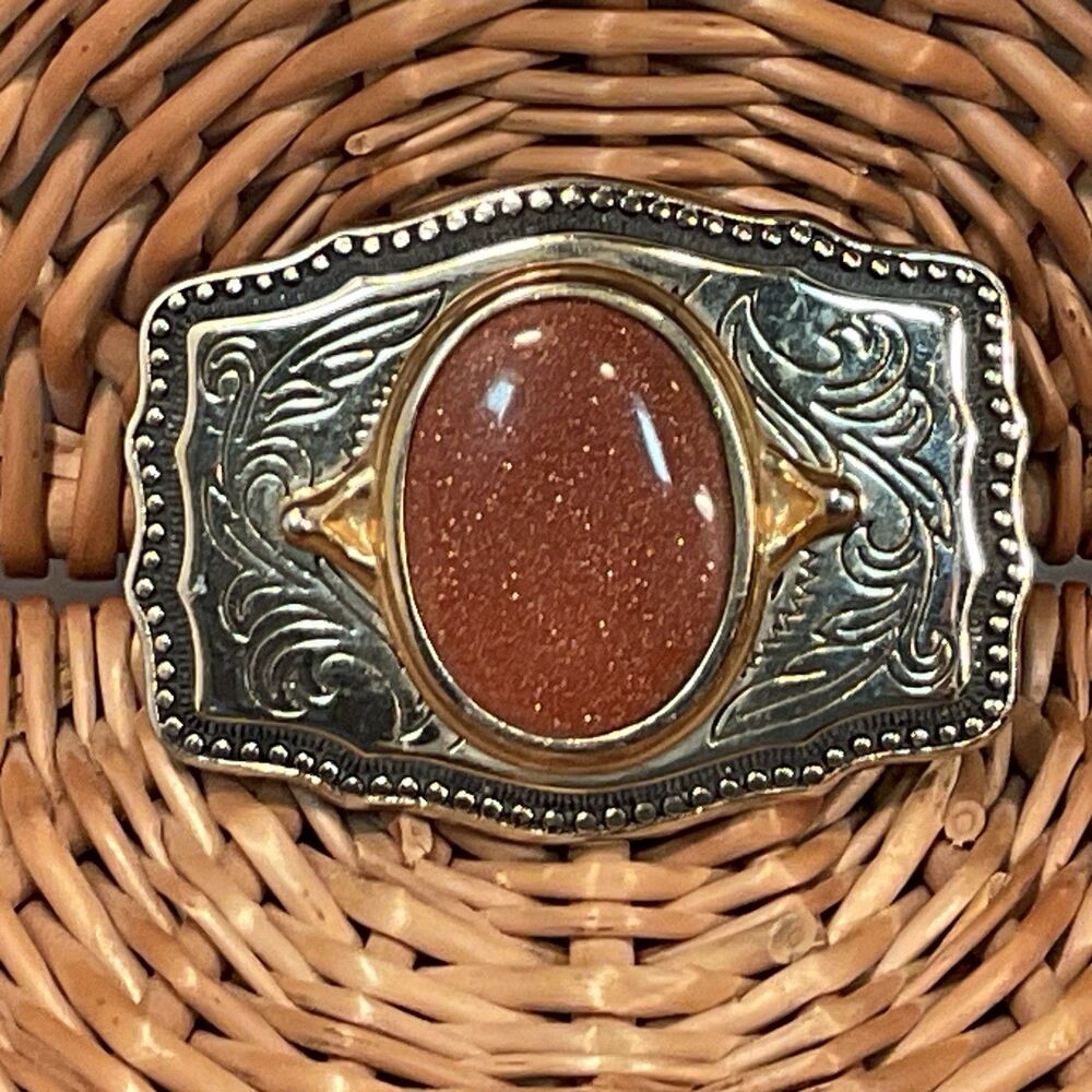 Goldstone Belt Buckle Gold Tone Western Americana Vintage USA Rodeo Cowboy
